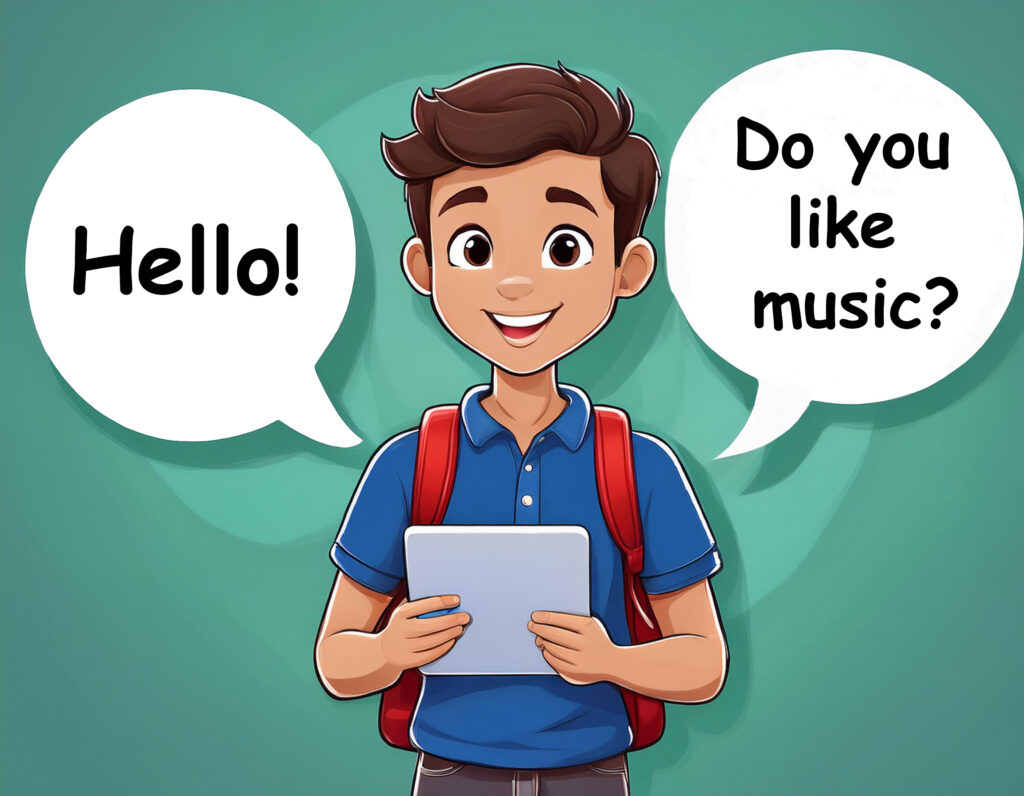 Cartoon of young person wearing backpack with a tablet and speech bubbles around them. Text in the bubbles says, "Hello!" and "Do you like music?"