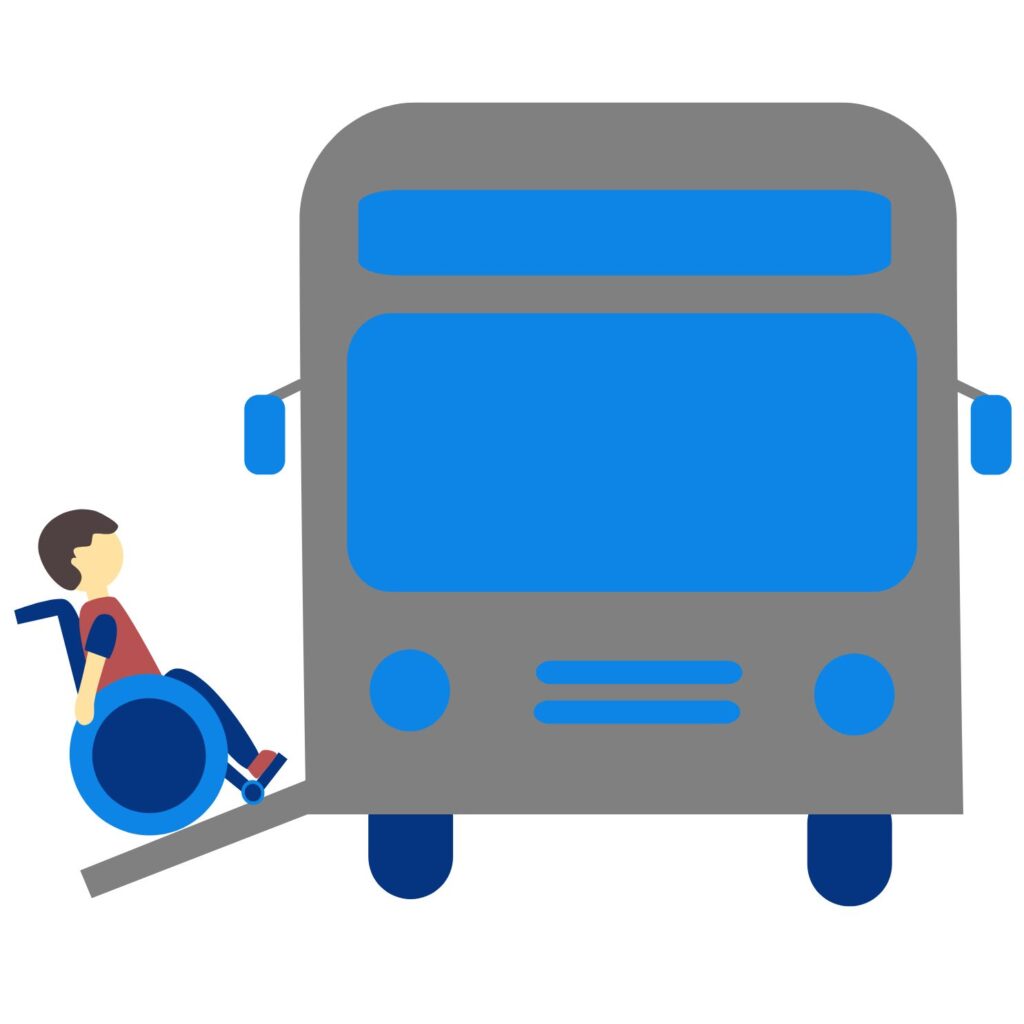 A drawing of a person who uses a wheelchair entering a bus