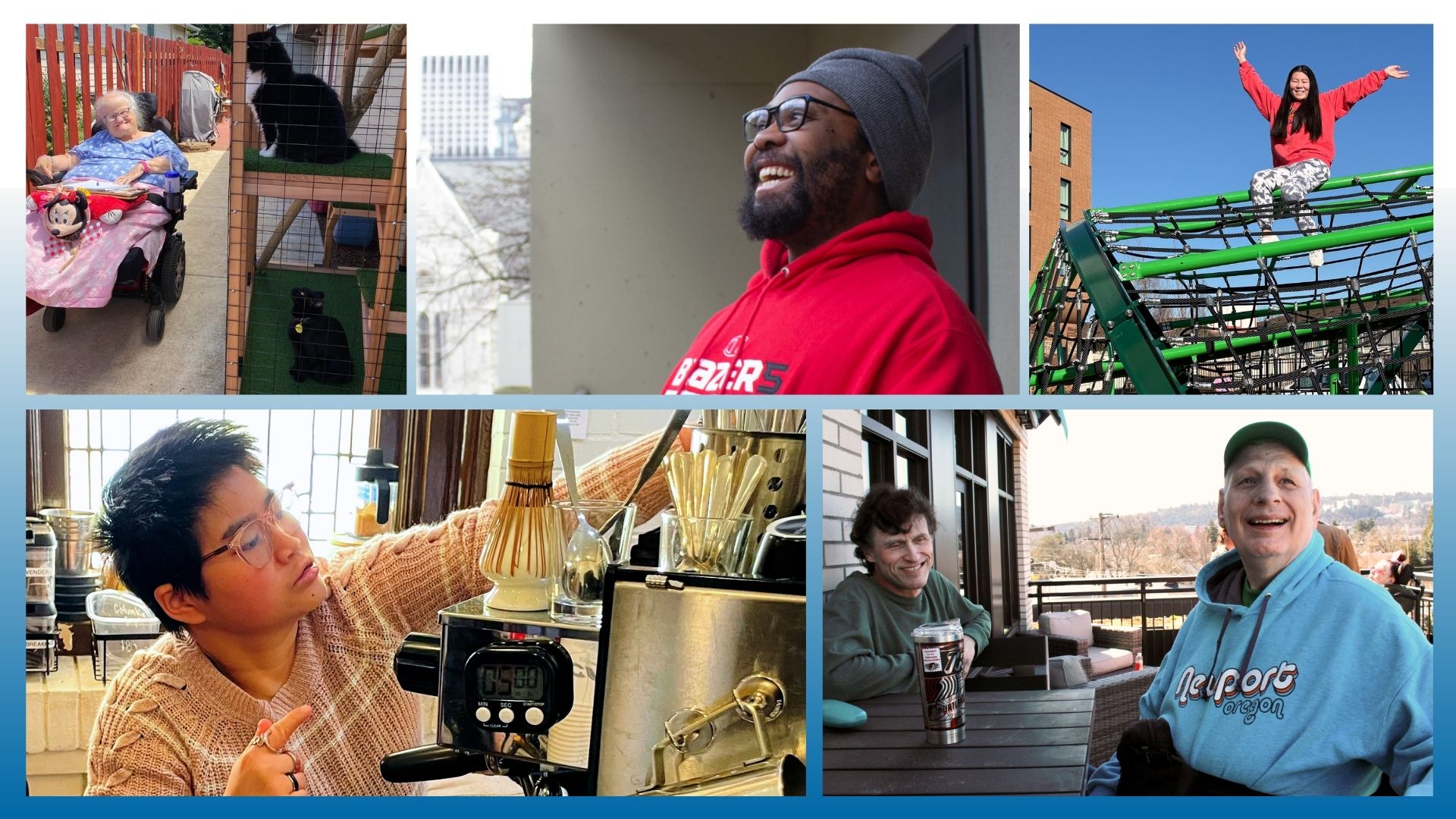Photo collage of smiling people out in their communities and doing activities