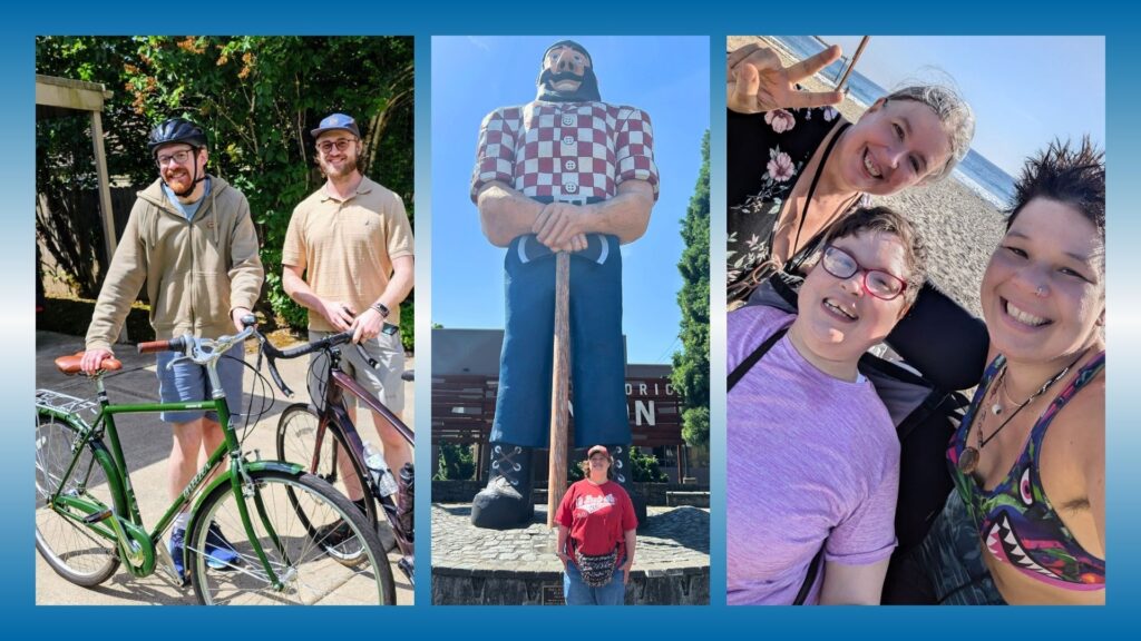 Photo collage of people with disabilities outdoors and doing things in the world, including riding bikes, visiting neighborhood landmarks, and going to the beach