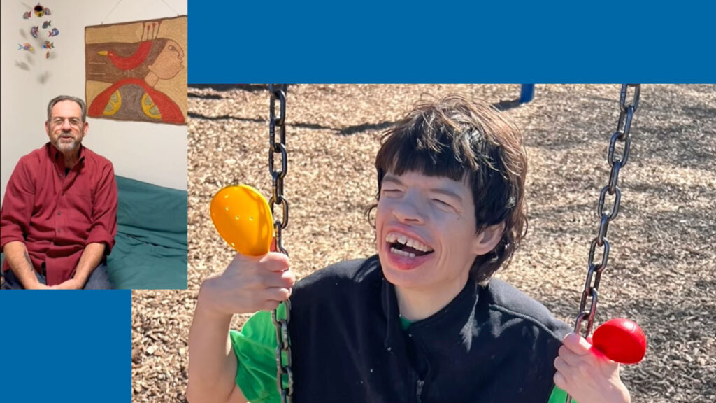Two photos: In one a man smiles and sits on a blue couch. In the other, a woman with short hair and a big smile swings on a playground