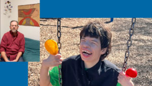Two photos: In one a man smiles and sits on a blue couch. In the other, a woman with short hair and a big smile swings on a playground