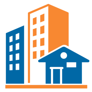 A blue and orange icon of multiple housing buildings