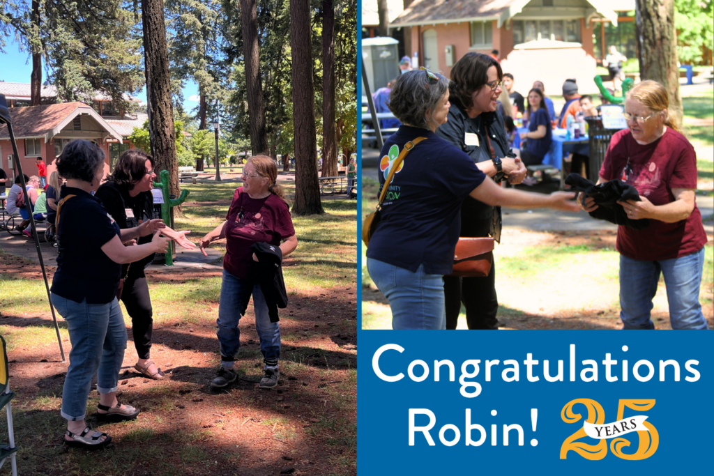 A two photo collage of two women with short dark hair presenting a gift to another woman with blonde hair wearing glasses and a burgundy shirt. The bottom right of the collage reads: Congratulations Robin! 25 years.